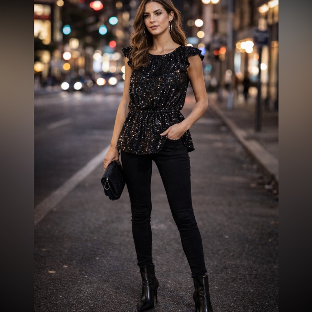 FREE PEOPLE BLACK SEQUINED SLEEVELESS RUFFLE FLUTTER SLEEVE TUNIC TOP SIZE LARGE